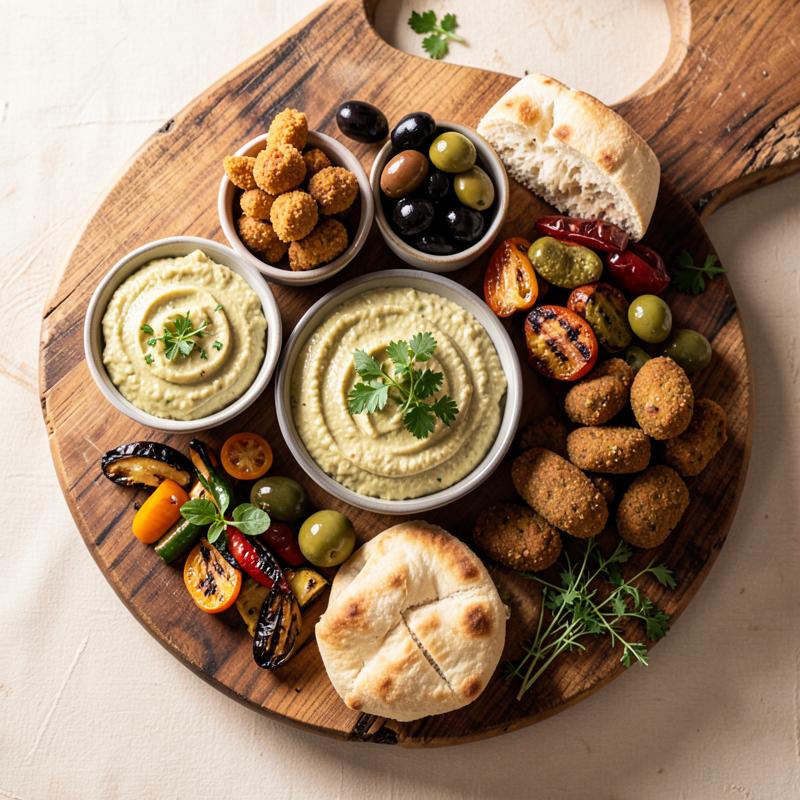 פלטת מזה ים תיכוני עשירה עם חומוס ופלאפל